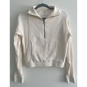 ADAY Like a Hug White Ribbed Quarterzip Cotton Sweater Small